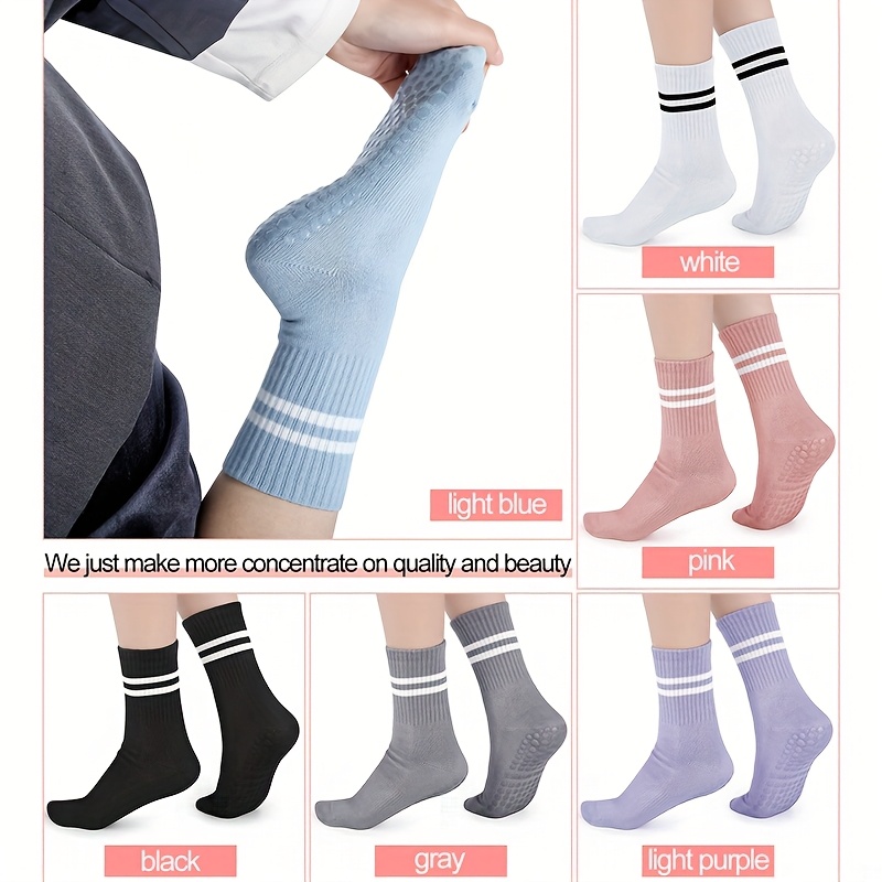 6 Pairs Women’s Anti-Slip Silicone Yoga Socks - Mid-Calf Length, Ribbed Texture with Double Stripe Design for Pilates, Dance, and Floor Fitness, Breathable Polyester Blend in Assorted Colors (White, Black, Purple, Gray, Pink, Blue), Floor Exercise Gear | - Image 10