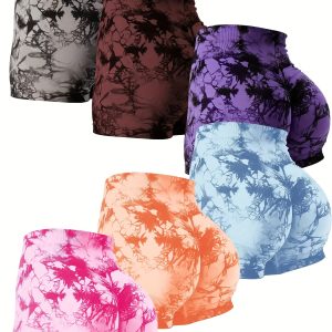 6pcs Vibrant Tie-Dye Women's High-Waist Yoga Shorts - Scrunch Butt Lifting, Seamless Booty Biker Shorts for Gym & Workout, Stretchy Nylon Activewear in Assorted Colors, Workout Accessories